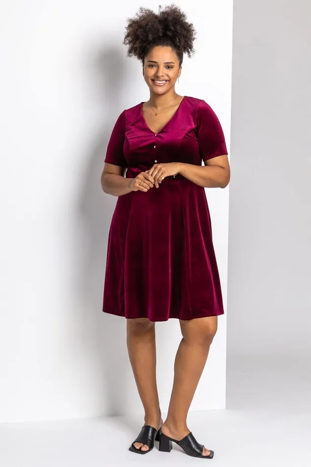 Wine Curve Diamante Button Velvet Dress Women Roman Dresses