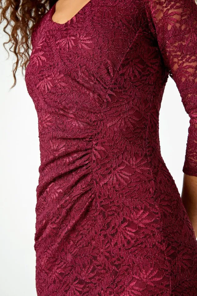 Wine Glitter Lace Ruched Shift Stretch Dress Women Roman Dresses