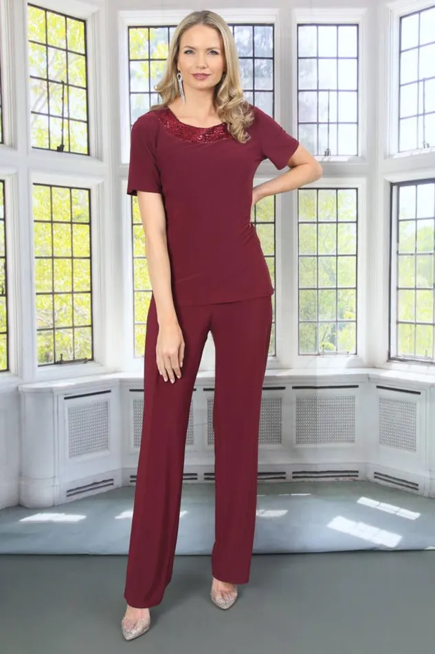 Wine Julianna Jersey Stretch Wide Leg Trouser Women Roman Trousers