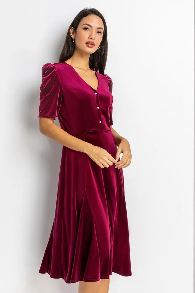 Wine Velvet Button Detail Midi Dress Women Roman Dresses