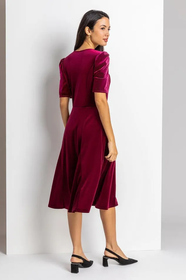Wine Velvet Button Detail Midi Dress Women Roman Dresses