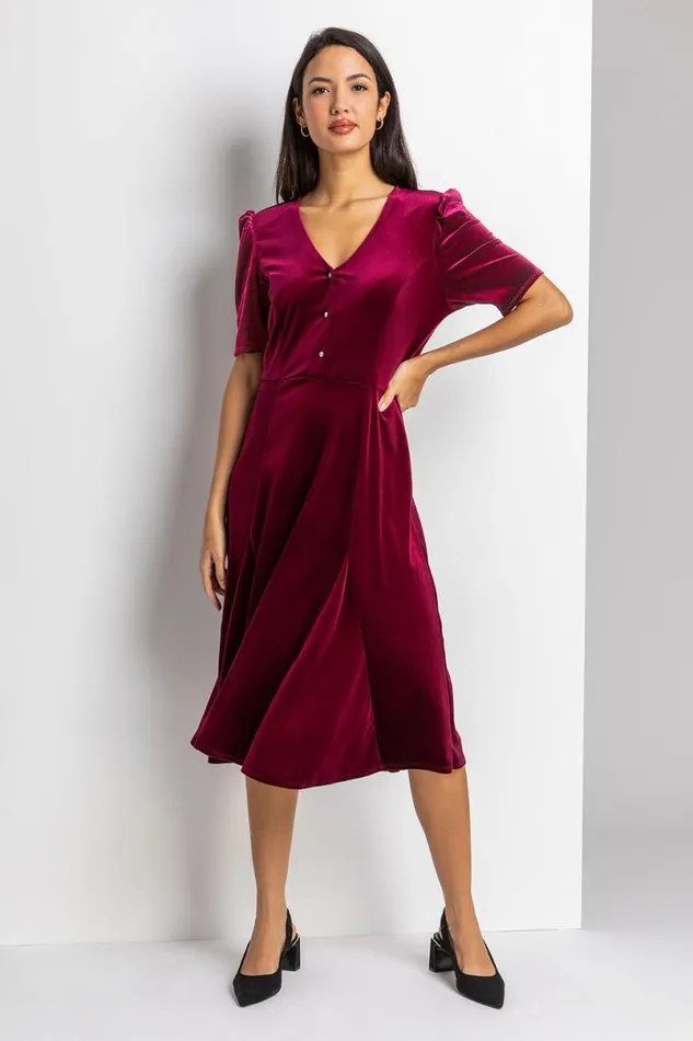 Wine Velvet Button Detail Midi Dress Women Roman Dresses