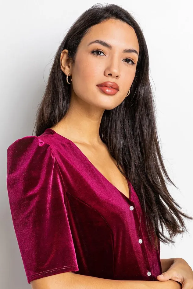 Wine Velvet Button Detail Midi Dress Women Roman Dresses