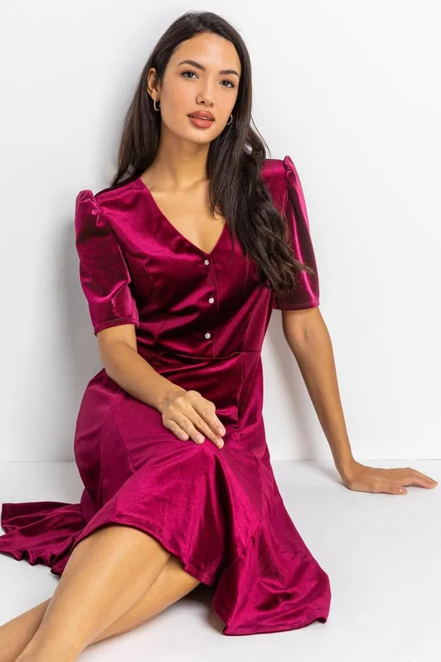 Wine Velvet Button Detail Midi Dress Women Roman Dresses