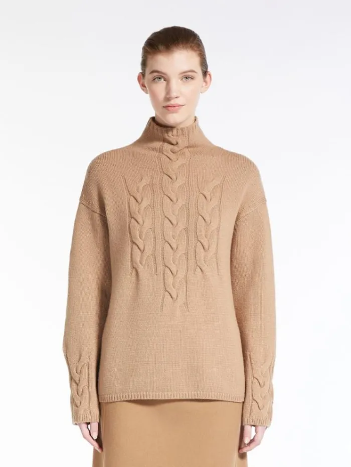 Woman Cableknit Wool And Cashmere Poloneck Sweater Camel Maxmara Knitwear And Sweatshirts