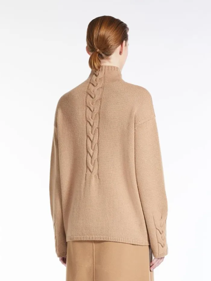 Woman Cableknit Wool And Cashmere Poloneck Sweater Camel Maxmara Knitwear And Sweatshirts