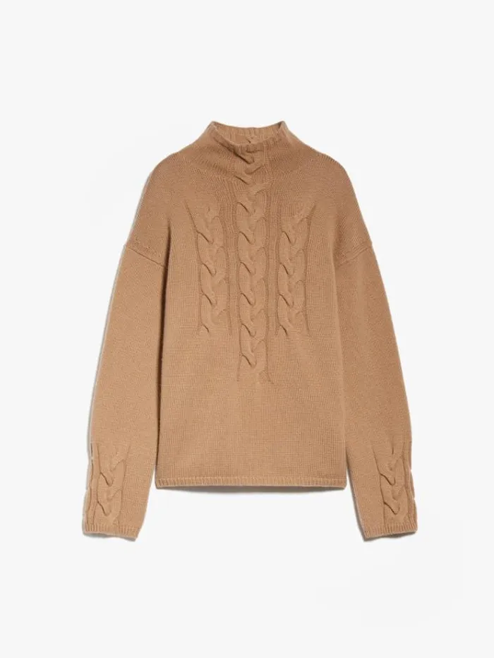 Woman Cableknit Wool And Cashmere Poloneck Sweater Camel Maxmara Knitwear And Sweatshirts