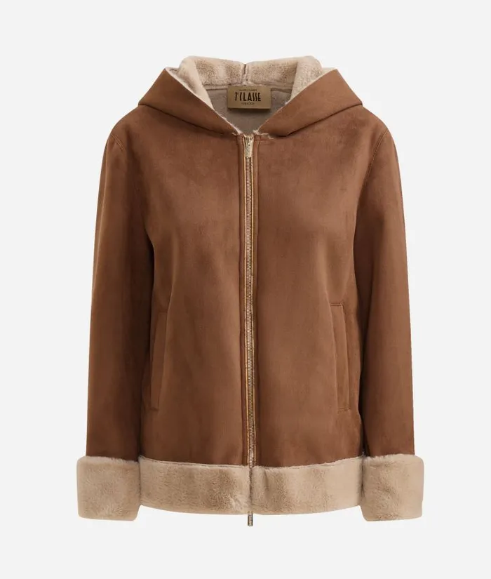 Woman Coats and Jackets Alviero Martini Faux Shearling Hooded Jacket Leather Brown