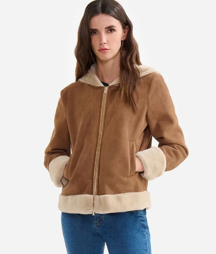 Woman Coats and Jackets Alviero Martini Faux Shearling Hooded Jacket Leather Brown