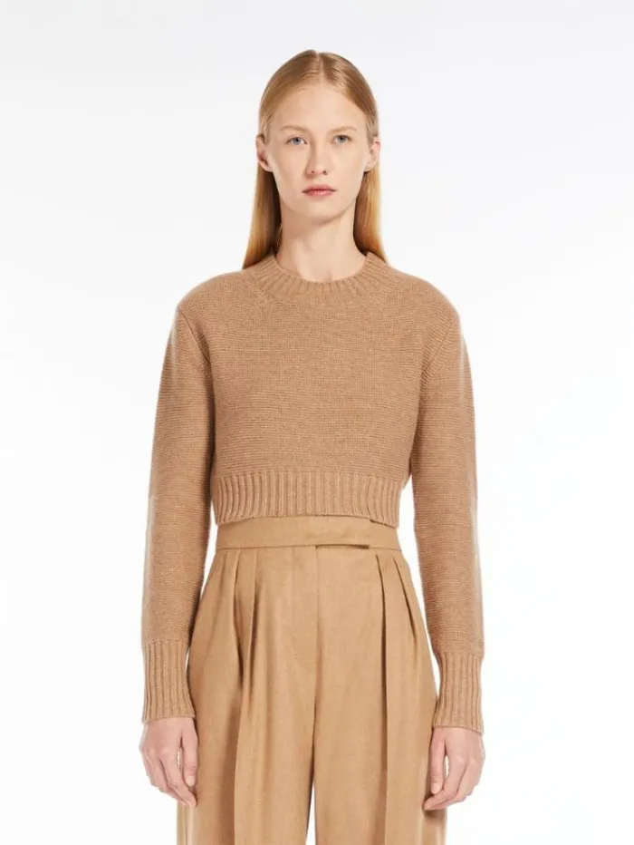 Woman Cropped Cashmere Jumper Camel Maxmara Knitwear And Sweatshirts