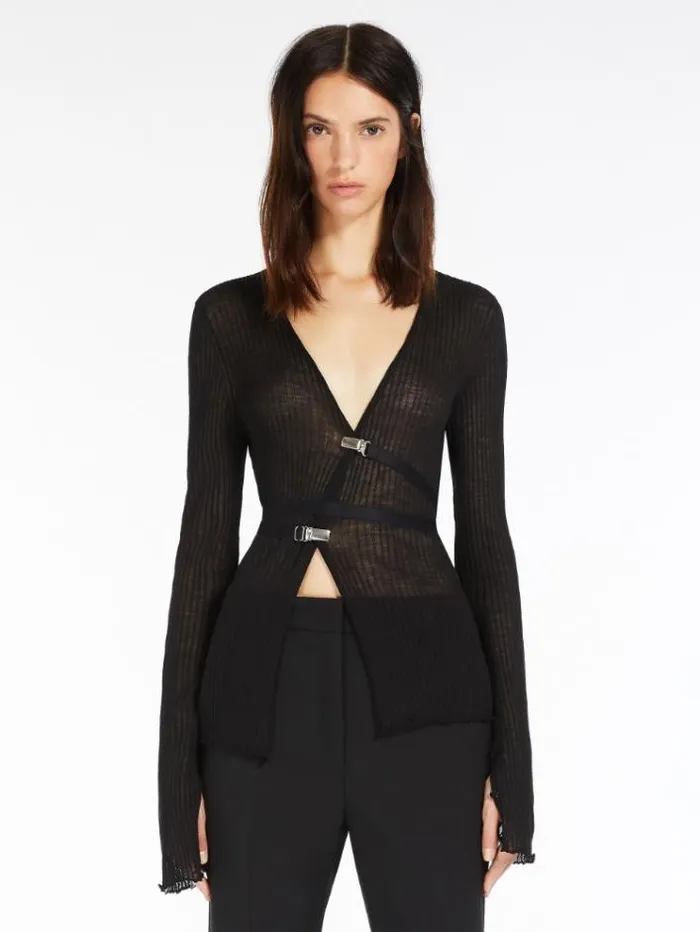 Woman Elasticated Beltembellished Snugfit Sweater Black Maxmara Knitwear And Sweatshirts