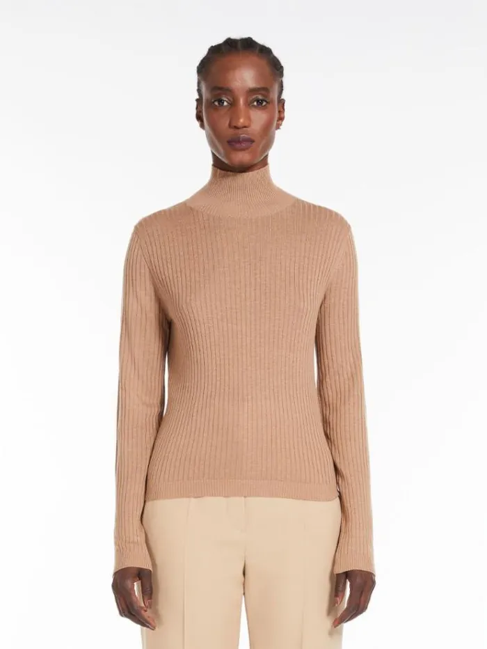 Woman Ribknit Wool And Silk Poloneck Sweater Camel Maxmara Knitwear And Sweatshirts