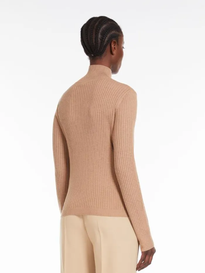 Woman Ribknit Wool And Silk Poloneck Sweater Camel Maxmara Knitwear And Sweatshirts