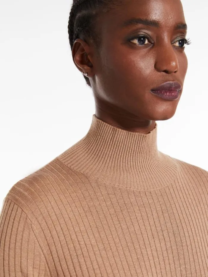 Woman Ribknit Wool And Silk Poloneck Sweater Camel Maxmara Knitwear And Sweatshirts