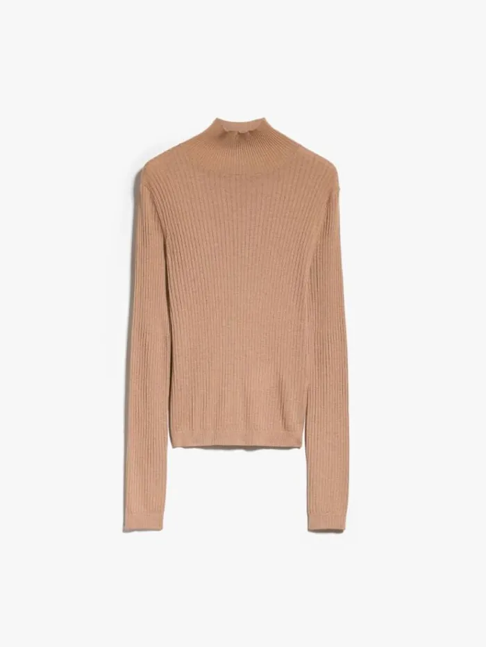 Woman Ribknit Wool And Silk Poloneck Sweater Camel Maxmara Knitwear And Sweatshirts
