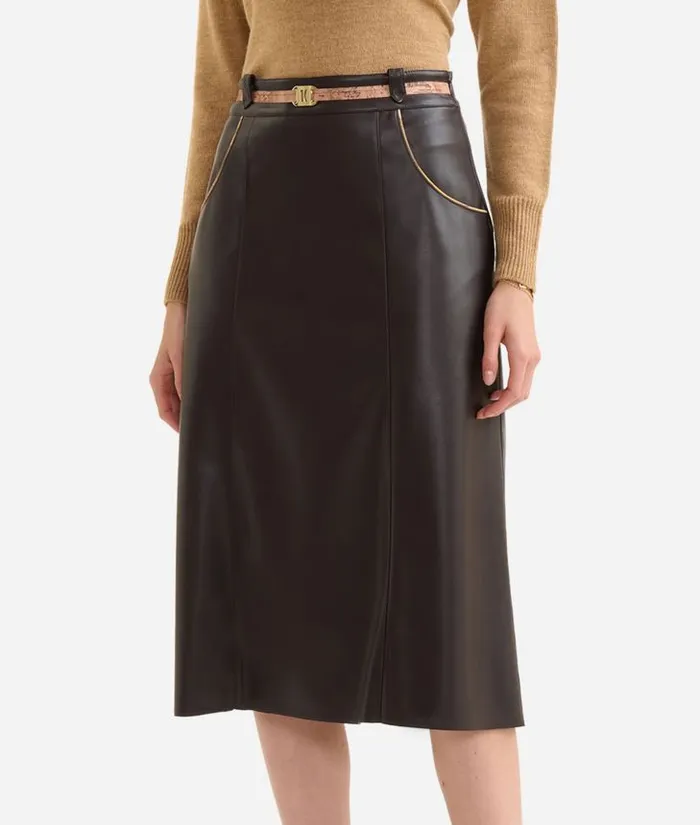 Woman Skirts and Trousers Alviero Martini Faux Napa Leather Skirt With Jewel Belt Chocolate