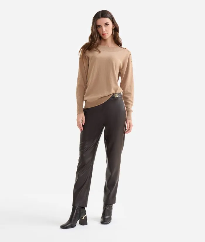 Woman Skirts and Trousers Alviero Martini Faux Napa Leather Trousers With Belt Detail Chocolate