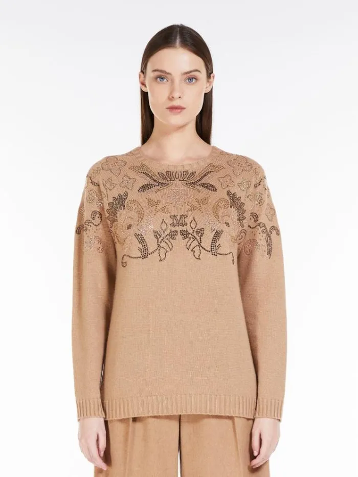 Woman Wool And Cashmere Jumper With Rhinestones Camel Maxmara Knitwear And Sweatshirts Woman Wool And Cashmere Jumper With Rhinestones Camel Maxmara Knitwear And Sweatshirts
