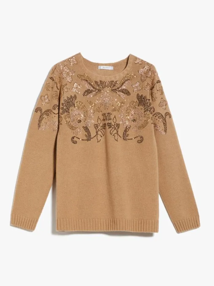 Woman Wool And Cashmere Jumper With Rhinestones Camel Maxmara Knitwear And Sweatshirts Woman Wool And Cashmere Jumper With Rhinestones Camel Maxmara Knitwear And Sweatshirts