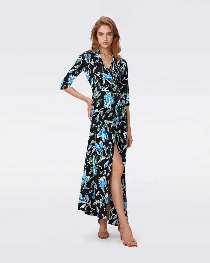 Women Abigail Silk Jersey Maxi Wrap Dress Huge Tulip Fields Blue DVF Dresses