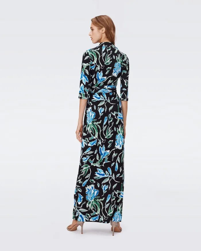 Women Abigail Silk Jersey Maxi Wrap Dress Huge Tulip Fields Blue DVF Dresses