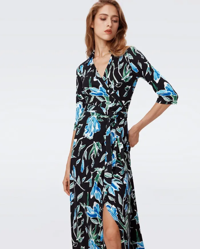 Women Abigail Silk Jersey Maxi Wrap Dress Huge Tulip Fields Blue DVF Dresses