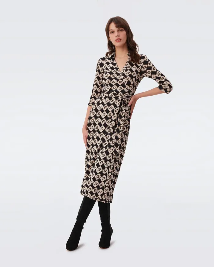 Women Abigail Silk Jersey Midi Wrap Dress Paisley Chainlink Black DVF Dresses