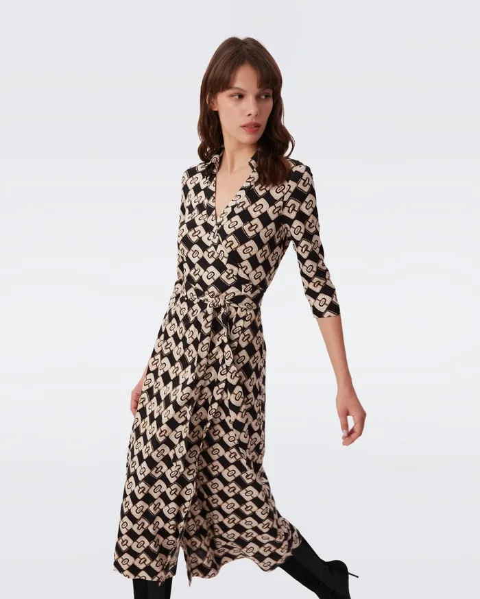 Women Abigail Silk Jersey Midi Wrap Dress Paisley Chainlink Black DVF Dresses