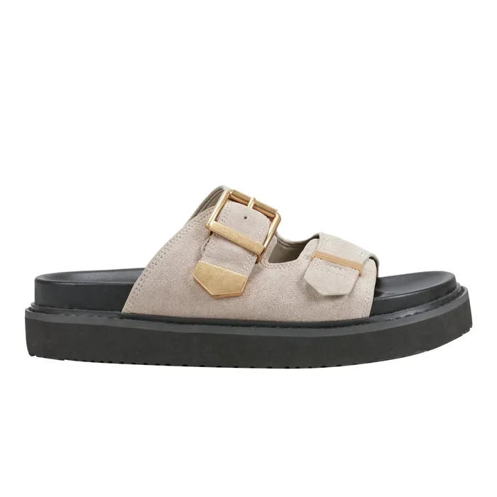 Women Amirra Buckle Slide Sandal Taupe Suede Marc Fisher Mules and Slides