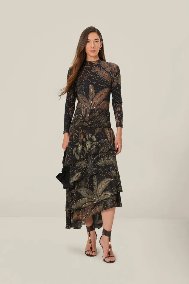 Women Black Golden Foliage Ruffled Skirt Golden Foliage Black FARM Rio Skirts