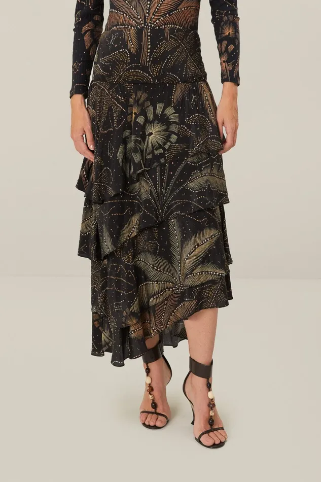Women Black Golden Foliage Ruffled Skirt Golden Foliage Black FARM Rio Skirts