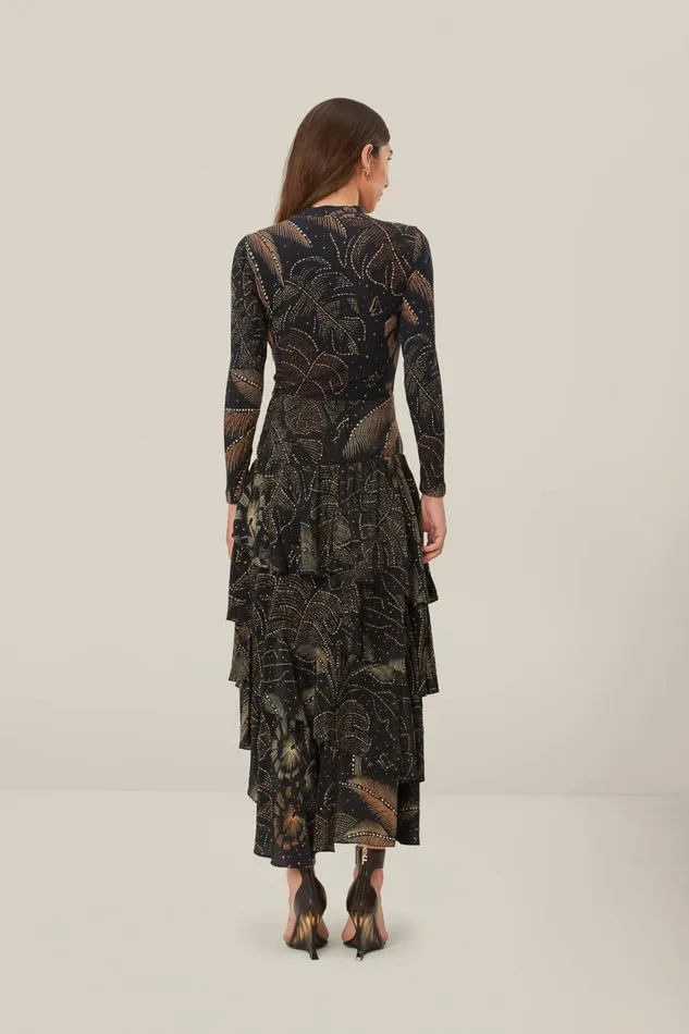 Women Black Golden Foliage Ruffled Skirt Golden Foliage Black FARM Rio Skirts