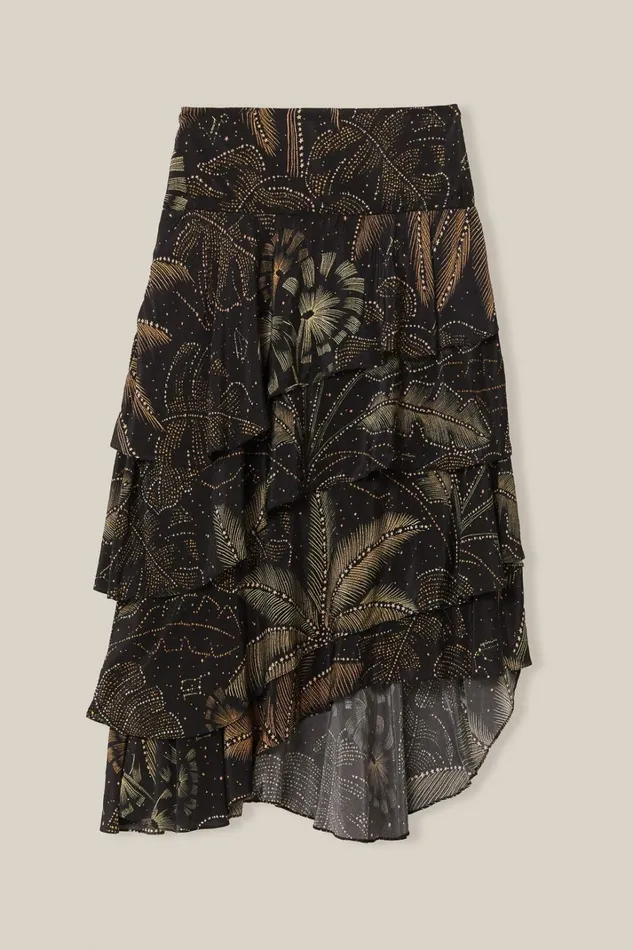 Women Black Golden Foliage Ruffled Skirt Golden Foliage Black FARM Rio Skirts