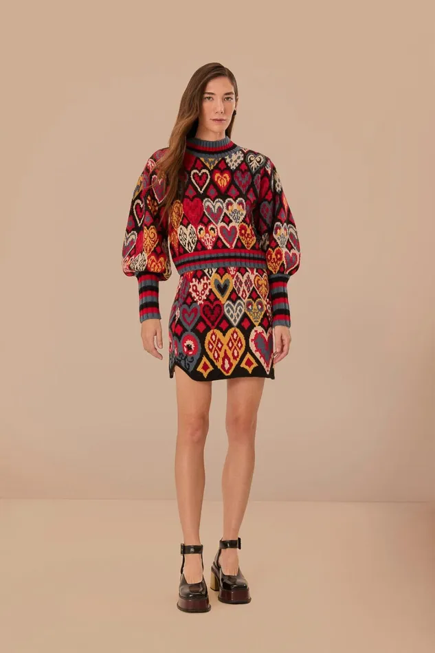 Women Black Hearts Ikat Knit Skirt Hearts Ikat Black FARM Rio Skirts