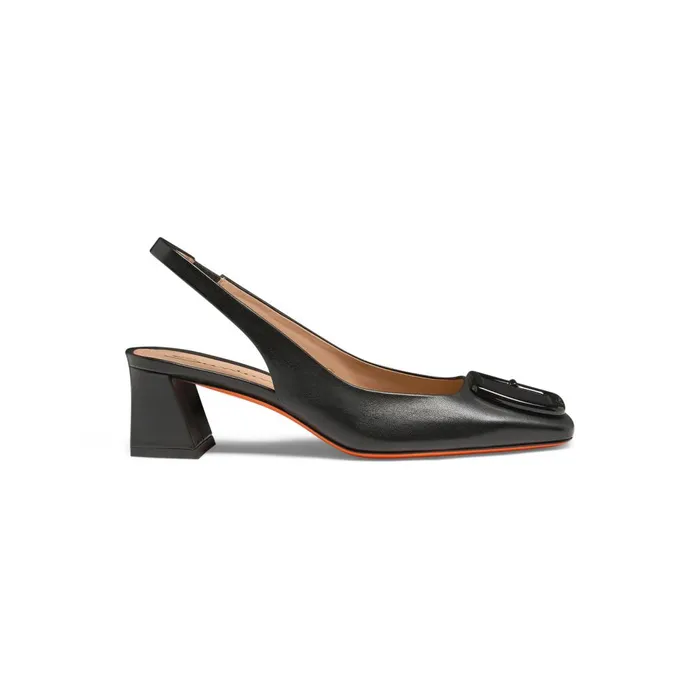 Women Black Leather MidHeel Slingback Santoni Pumps and Heels