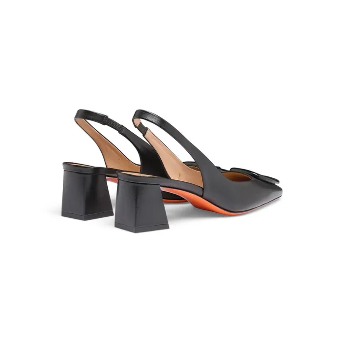 Women Black Leather MidHeel Slingback Santoni Pumps and Heels
