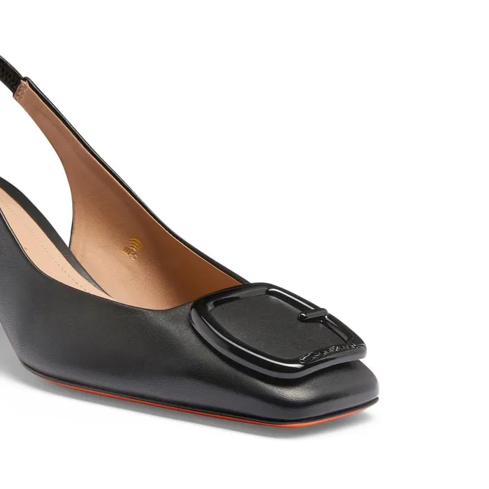 Women Black Leather MidHeel Slingback Santoni Pumps and Heels
