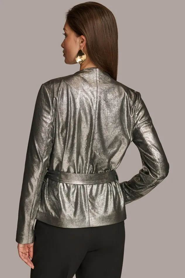 Women Blazers Donna Karan BELTED METALLIC JACKET Silverblack