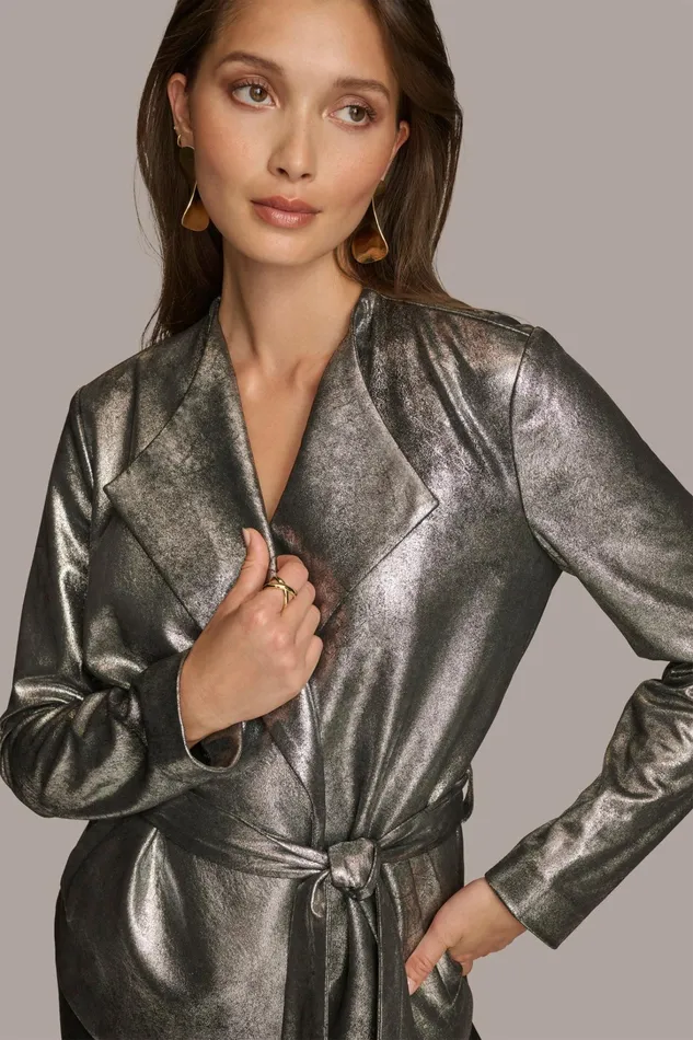 Women Blazers Donna Karan BELTED METALLIC JACKET Silverblack