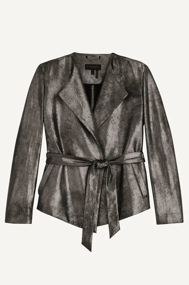 Women Blazers Donna Karan BELTED METALLIC JACKET Silverblack
