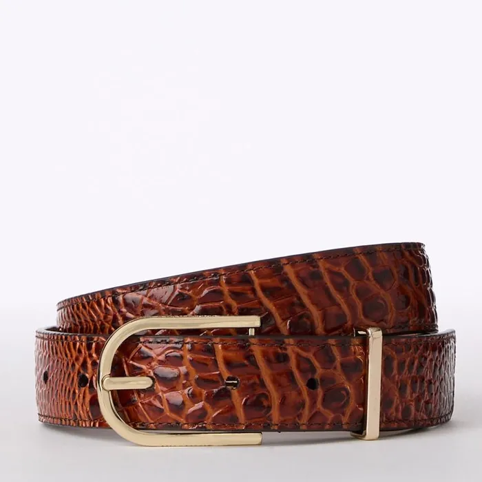 Women Brahmin Belts Medium Leather Gold Buckle Belt Pecan Classic Croc