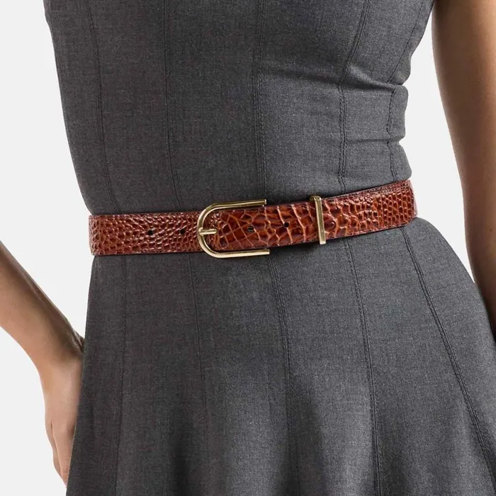 Women Brahmin Belts Medium Leather Gold Buckle Belt Pecan Classic Croc