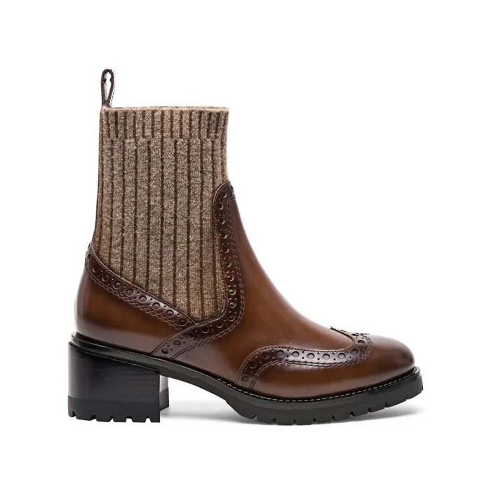 Women Brown Leather LowHeel Brogue SockStyle Ankle Boot Santoni Boots and Ankle Boots