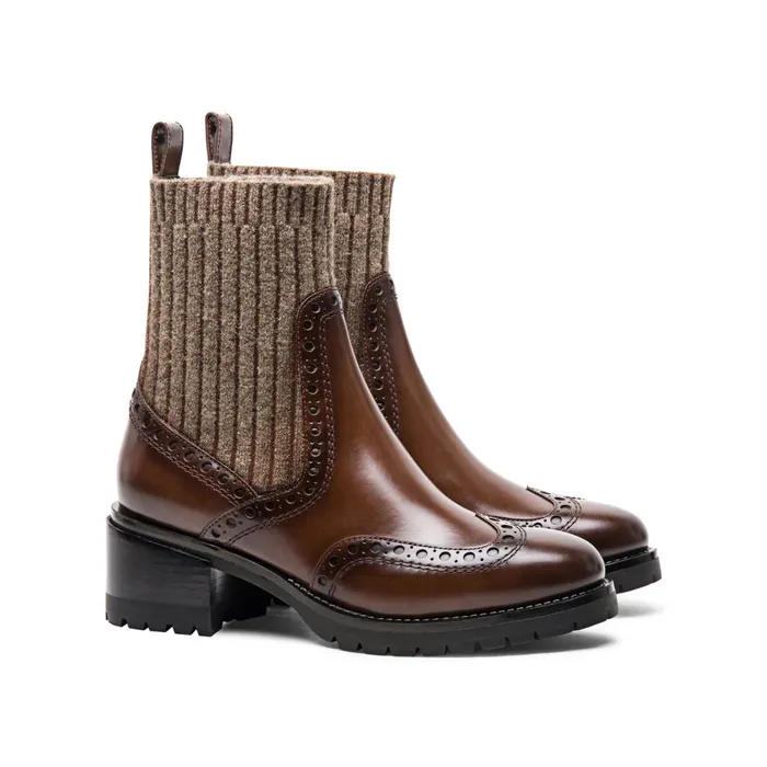 Women Brown Leather LowHeel Brogue SockStyle Ankle Boot Santoni Boots and Ankle Boots