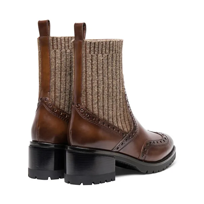 Women Brown Leather LowHeel Brogue SockStyle Ankle Boot Santoni Boots and Ankle Boots