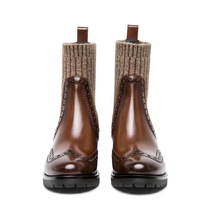 Women Brown Leather LowHeel Brogue SockStyle Ankle Boot Santoni Boots and Ankle Boots