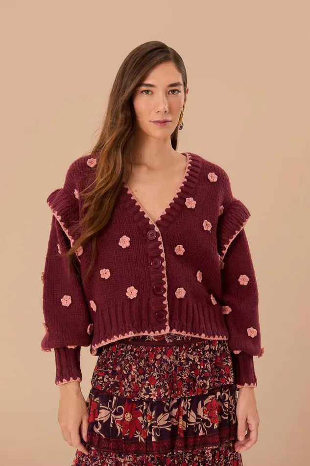 Women Burgundy Crochet Flowers Knit Cardigan Burgundy FARM Rio Cardigans
