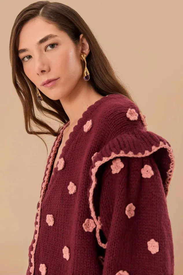 Women Burgundy Crochet Flowers Knit Cardigan Burgundy FARM Rio Cardigans