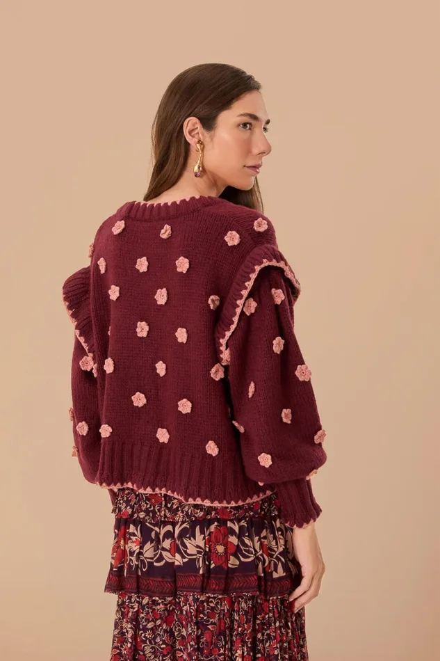 Women Burgundy Crochet Flowers Knit Cardigan Burgundy FARM Rio Cardigans