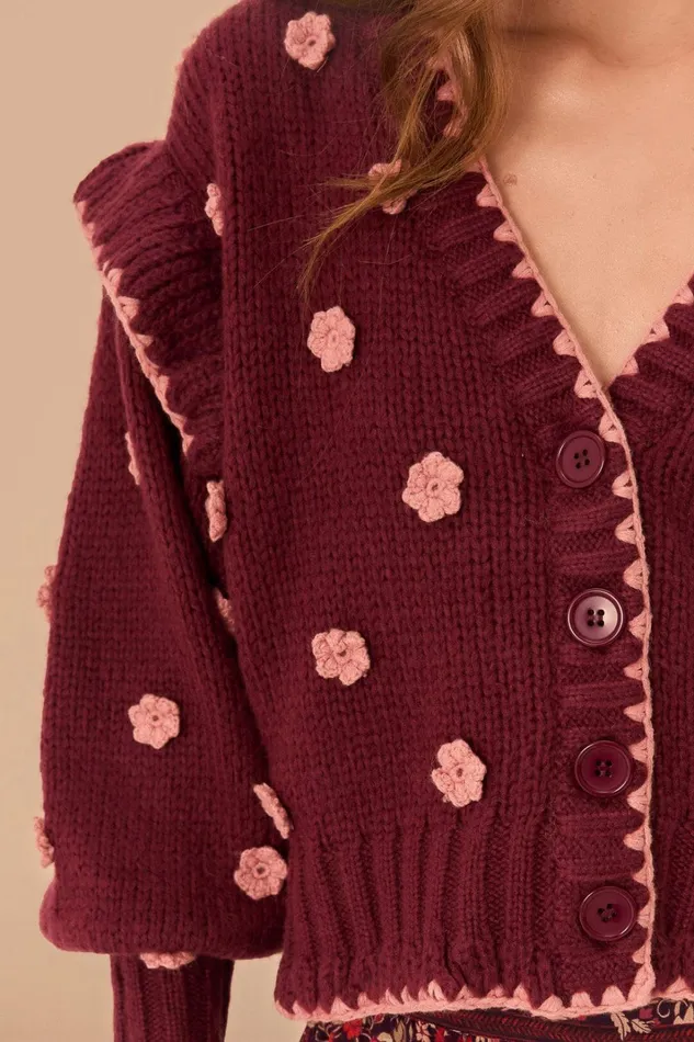 Women Burgundy Crochet Flowers Knit Cardigan Burgundy FARM Rio Cardigans